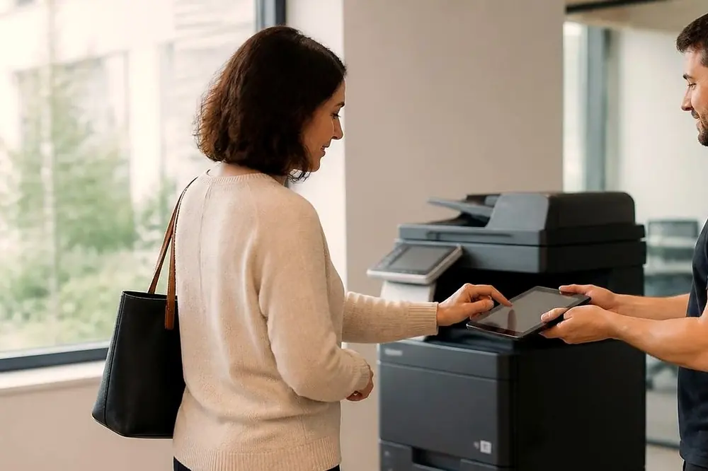 Technician showing an office worker the control panel of a floor standing copier