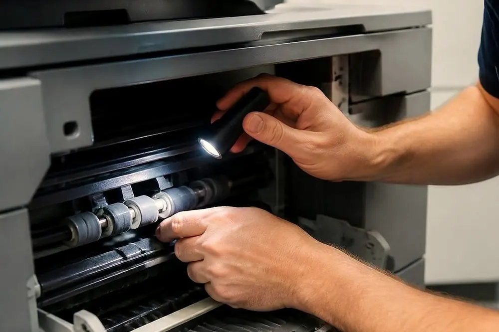Hands holding a small torch to check the rollers along the paper path inside an open copier