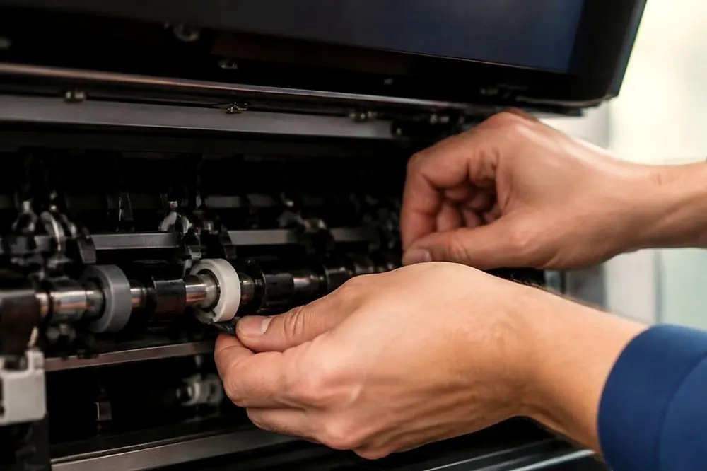 Hands working on the feed rollers inside the open paper path of a copier