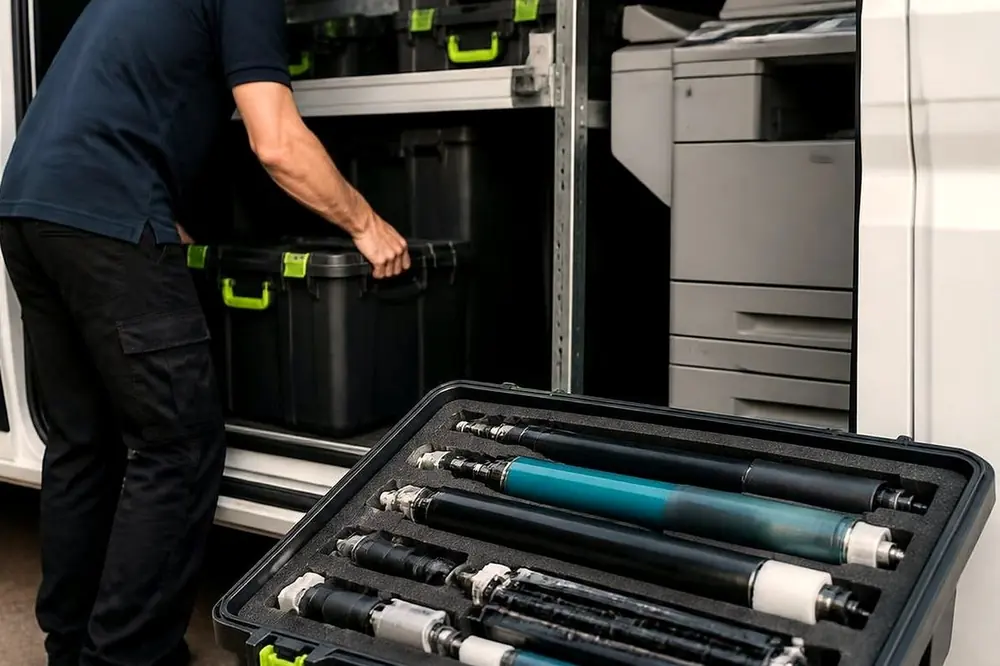 Open case of drums and rollers in a service van, with a technician at the van door
