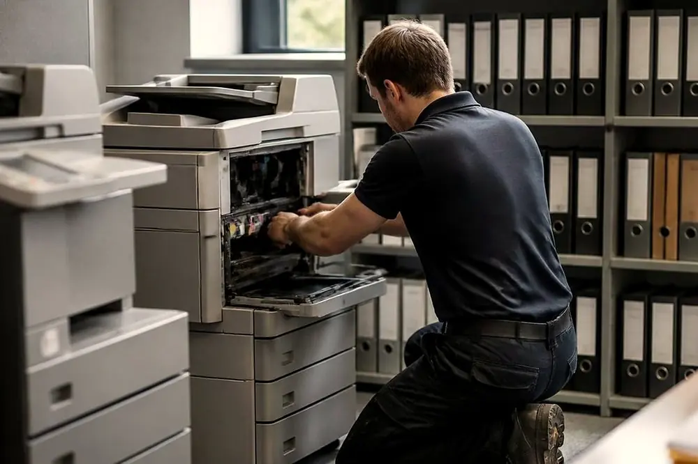 Technician kneeling at an open copier in an office with ring binders on the shelves behind