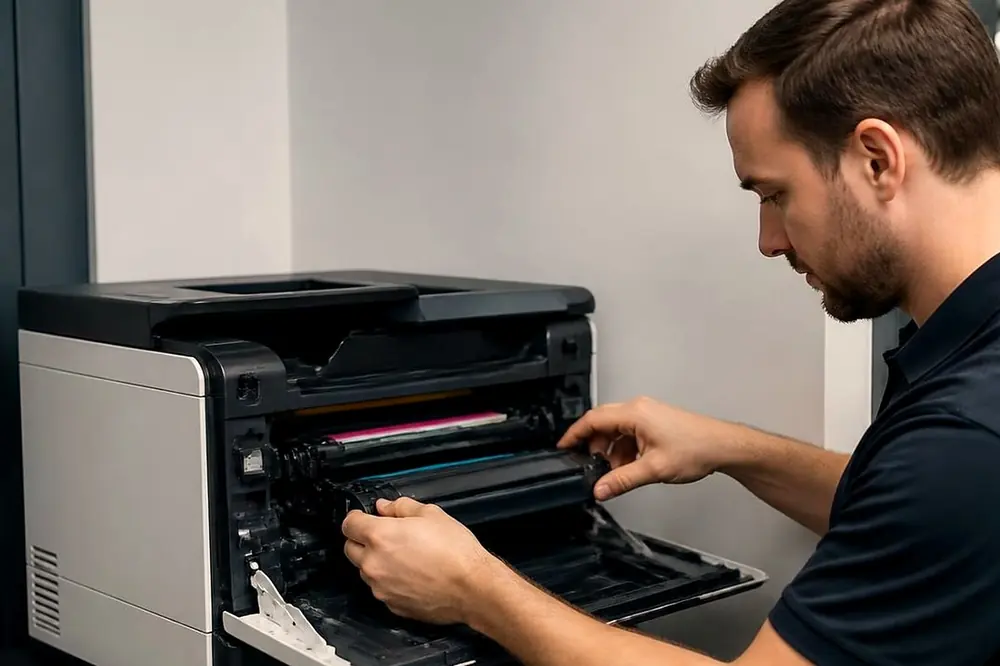 Technician opening a desktop colour laser printer and lifting out a toner unit