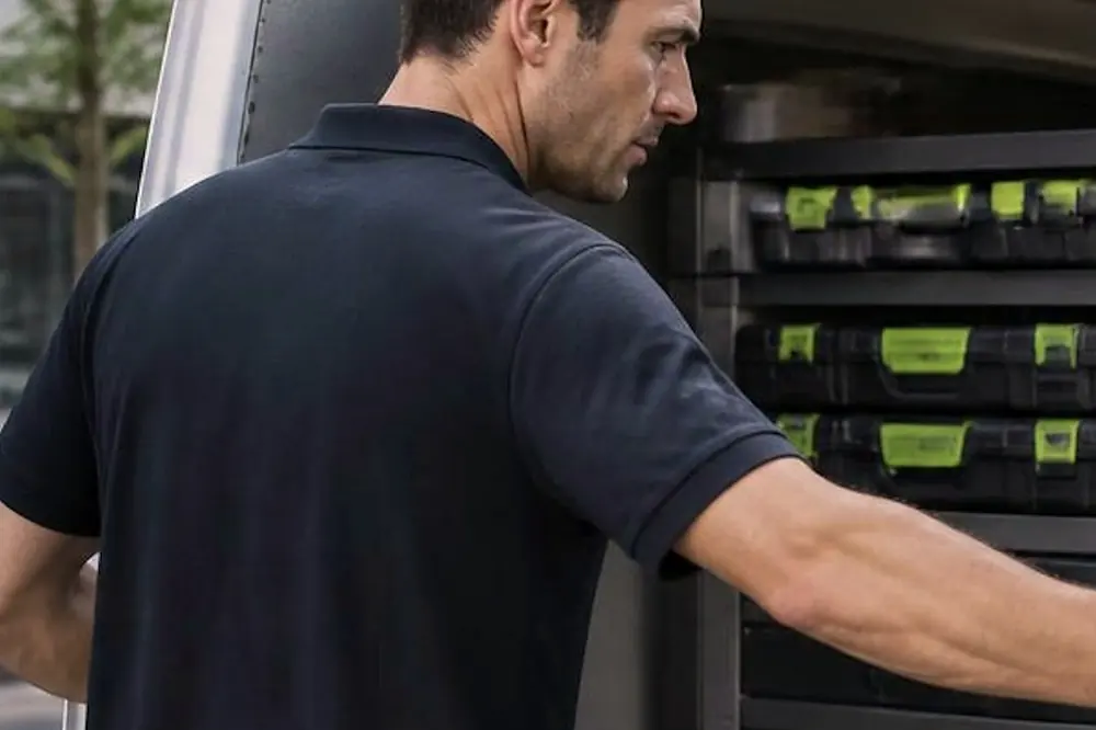 Technician at the open side of a service van with racks of parts cases