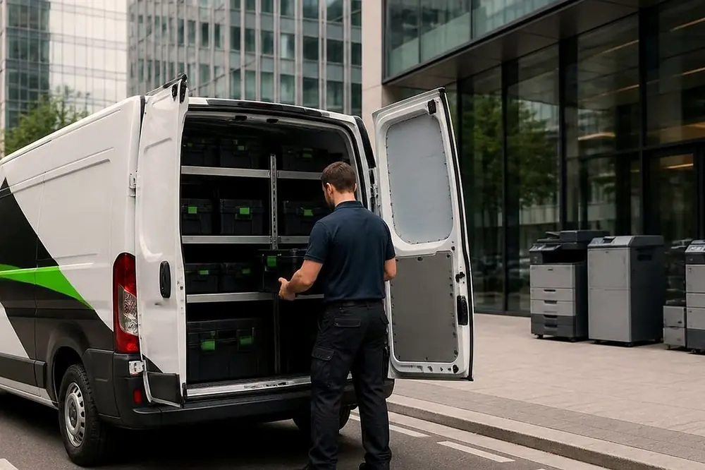 Technician at the open rear doors of a service van parked on a street