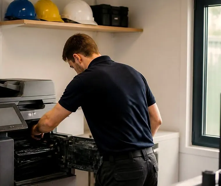 Technician repairing a copier in a site office in Sunshine Coast