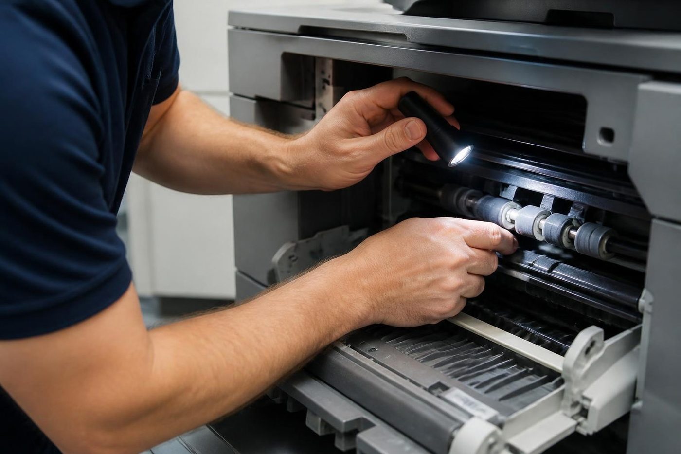 A technician shining a torch along a copier paper path in an office at Kawana