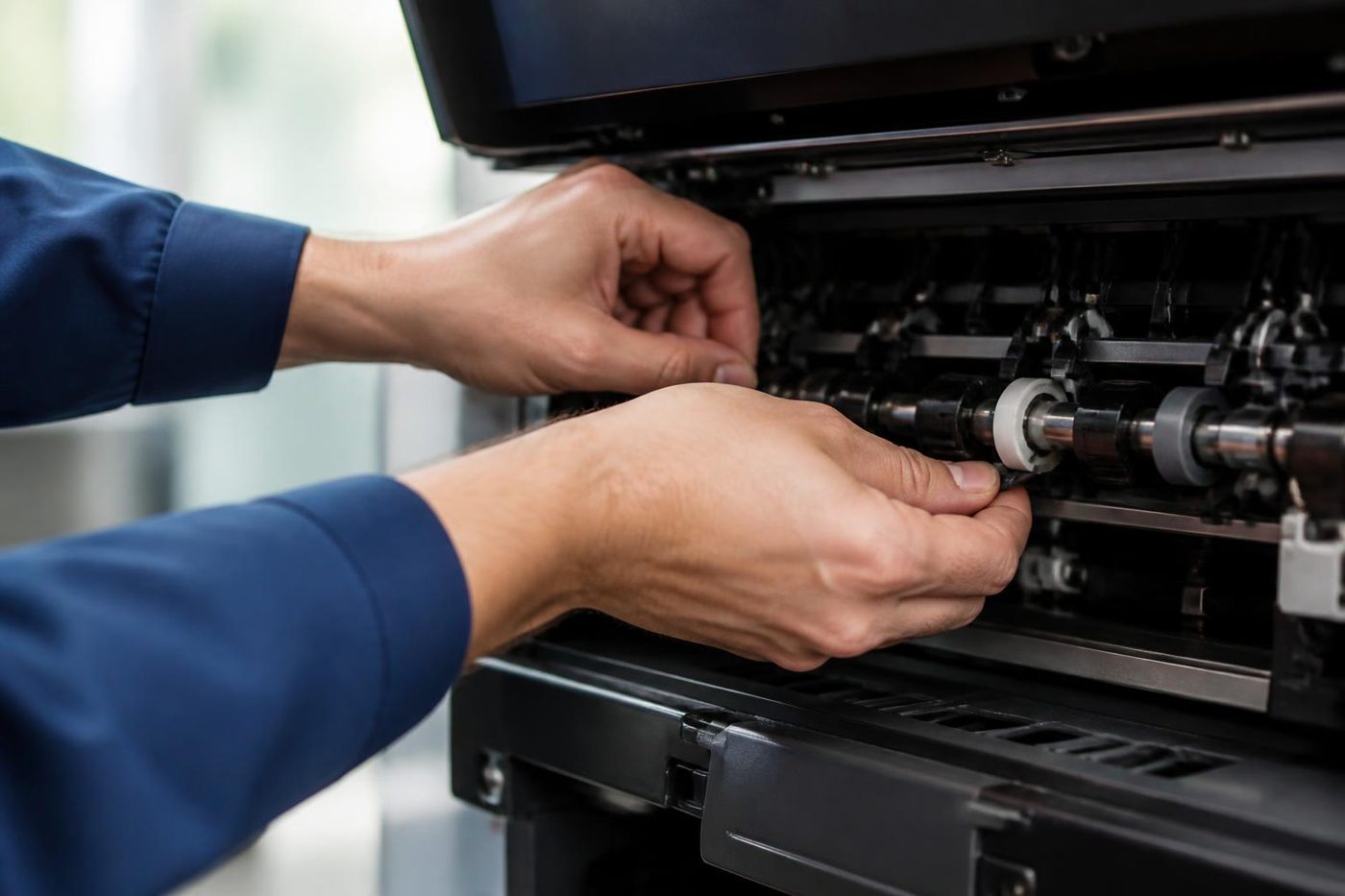 A technician working carefully inside an office copier on the Sunshine Coast