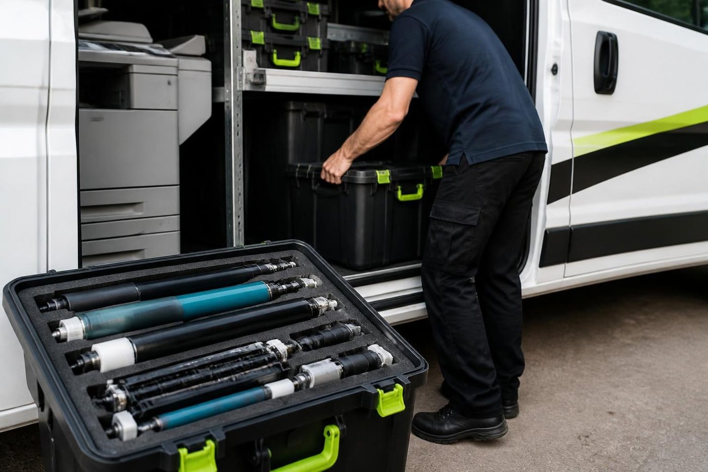 An open parts case holding drums and rollers in the back of a Laser Printers van