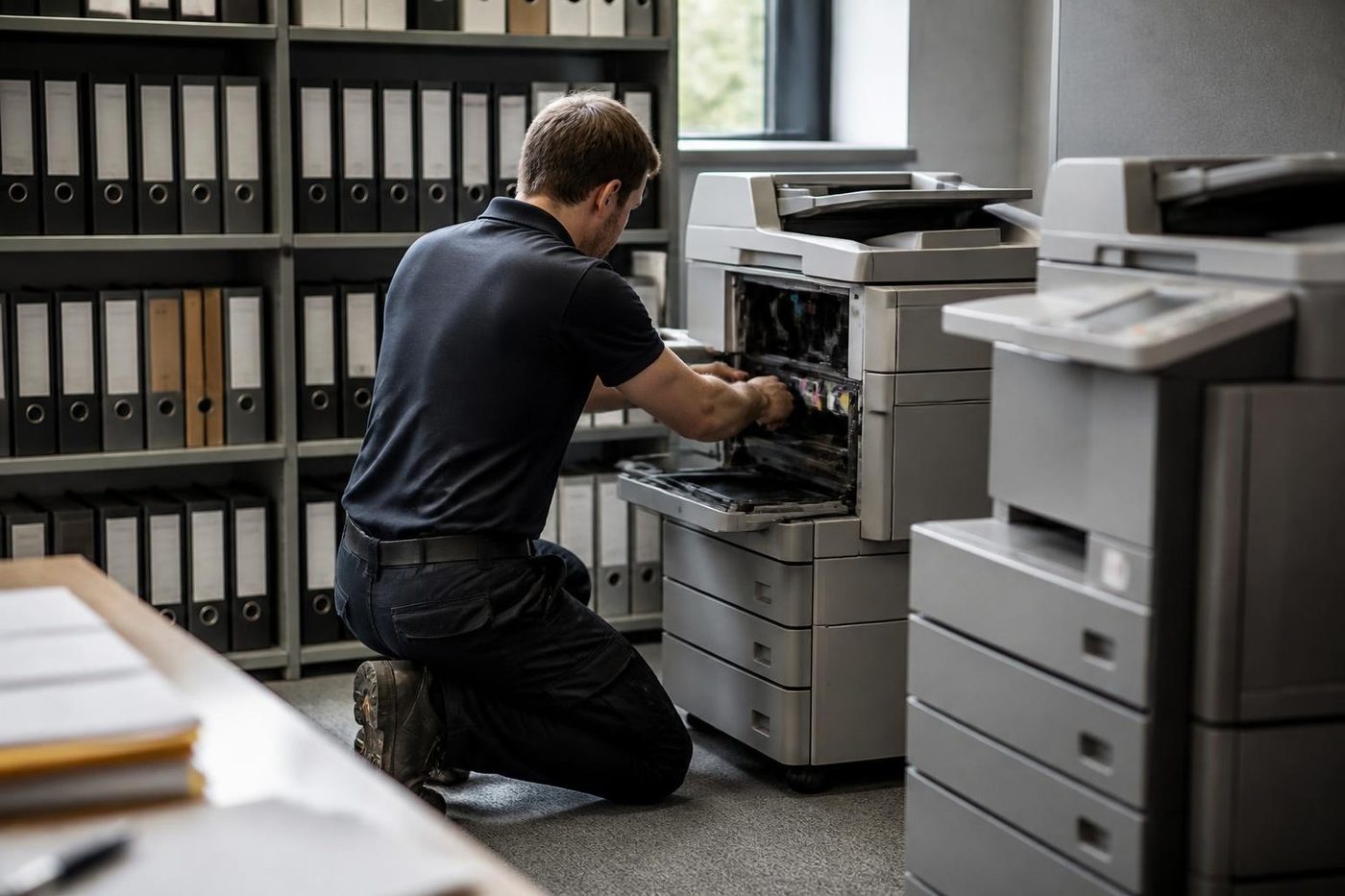 A technician repairing a copier next to filing shelves in a Nambour solicitor office