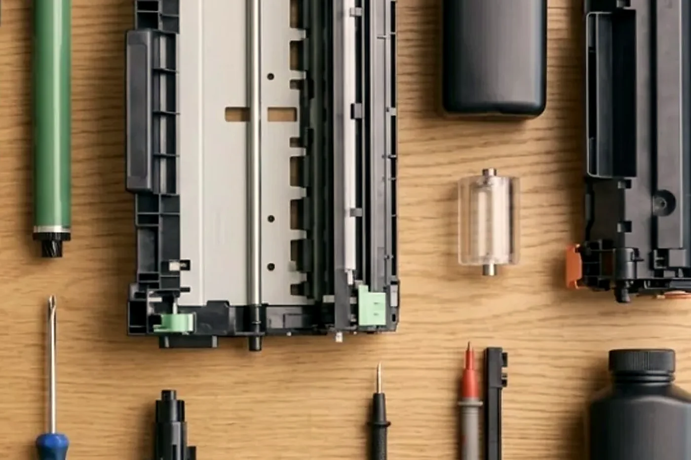 Toner, drum, rollers and tools on a bench ready for a Sunshine Coast copier service