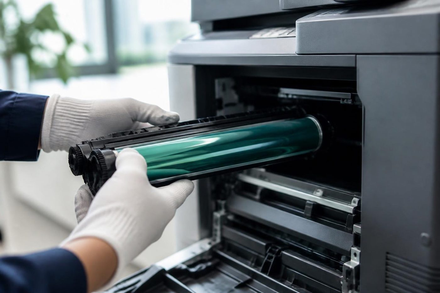 Gloved hands fitting a drum into a copier in an office near Buderim