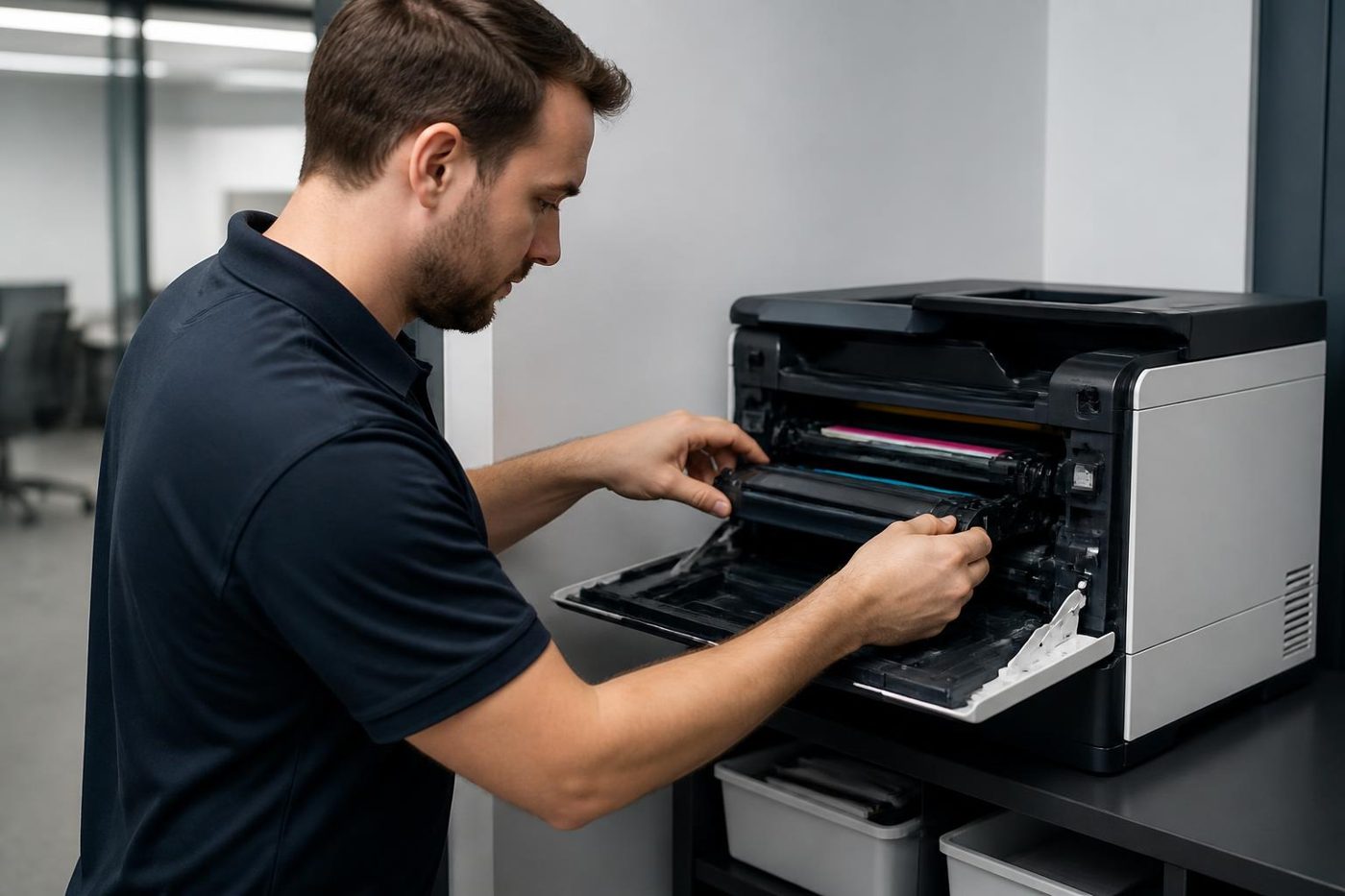 A technician servicing a business laser printer at a desk in a Sunshine Coast office