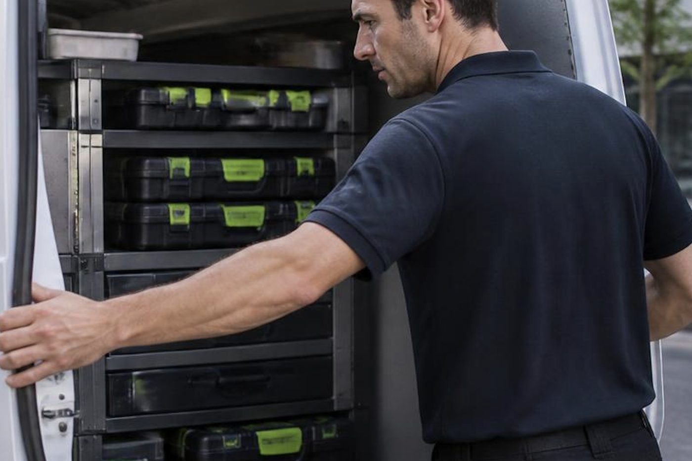Latched parts cases on the shelves inside a Laser Printers van