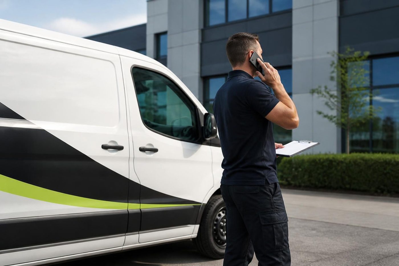 A Laser Printers technician on the phone next to the service van on the Sunshine Coast