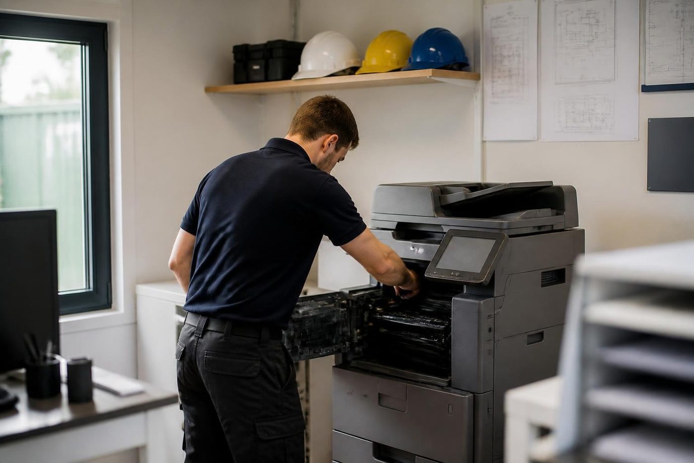 A technician repairing a copier in a builder site office near Coolum