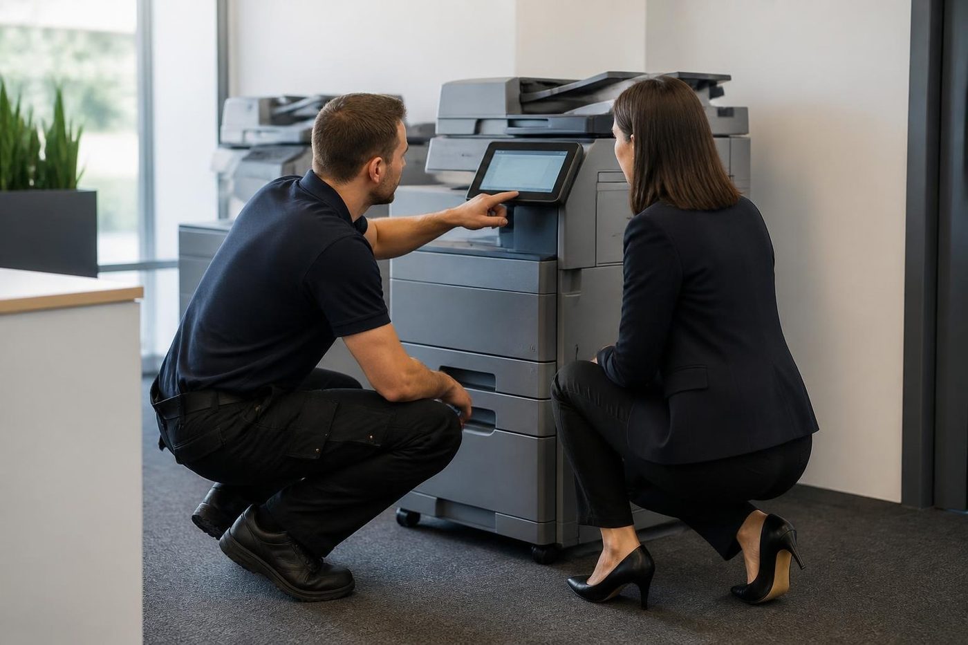 A technician showing an office worker where a fault came from on a copier in Noosa