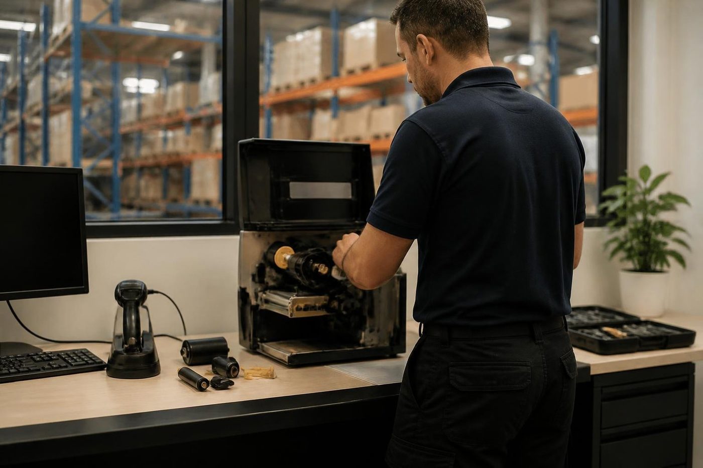 A technician servicing a label printer in a warehouse office at Kunda Park